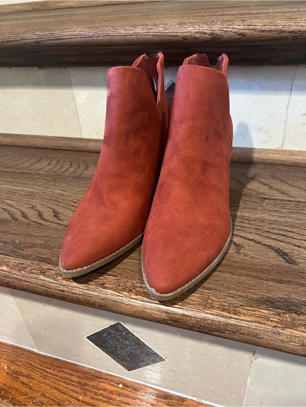 Sun + Stone Rust Red Suede Ankle Booties